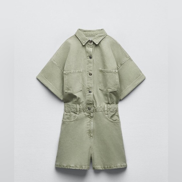 Zara romper jumpsuit denim jeans olive green - Picture 8 of 11